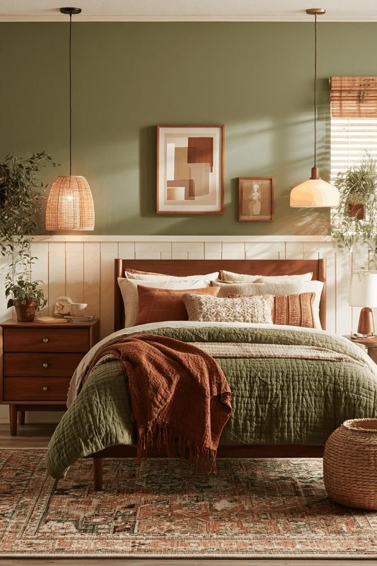 Green bedroom wall with rust terracotta bedding, rattan pendants and a wooden bed