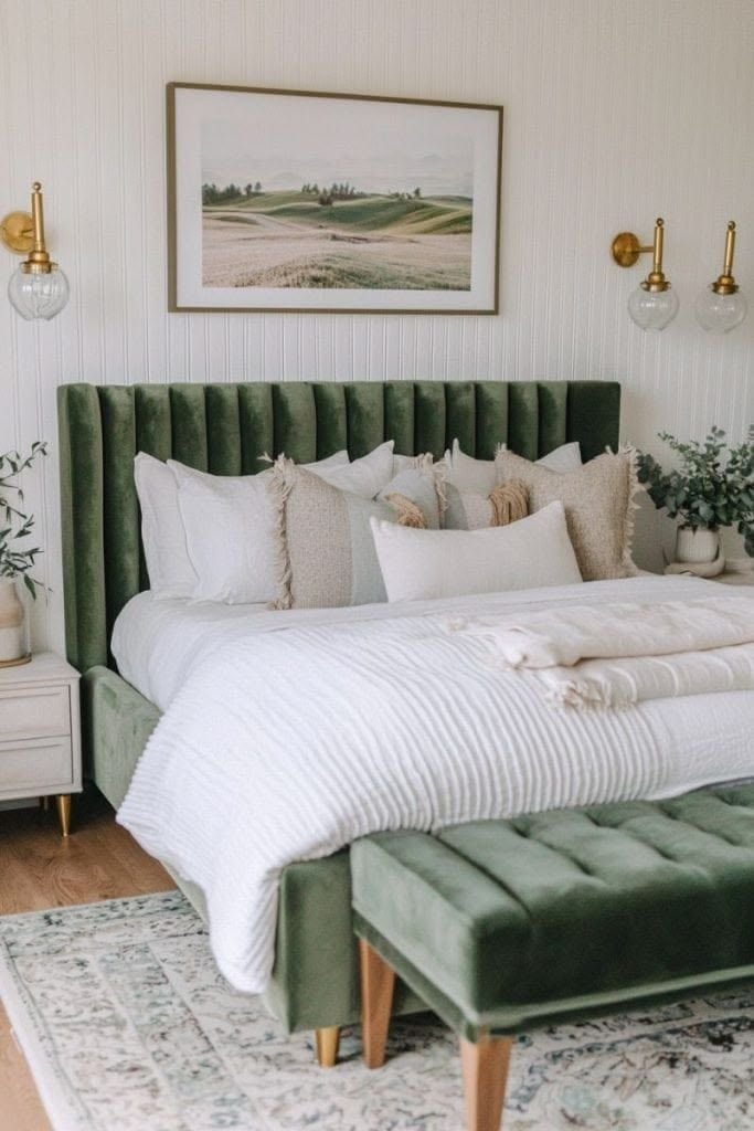 Green velvet headboard and matching green velvet bench at the foot of the bed