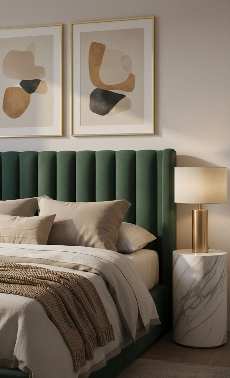 Green velvet channel tufted headboard with a brass table lamp and neutral bedding