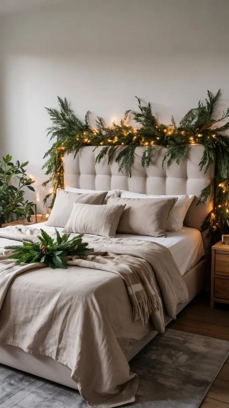 Bed headboard draped with a faux pine garland and warm white lights for a Christmas look