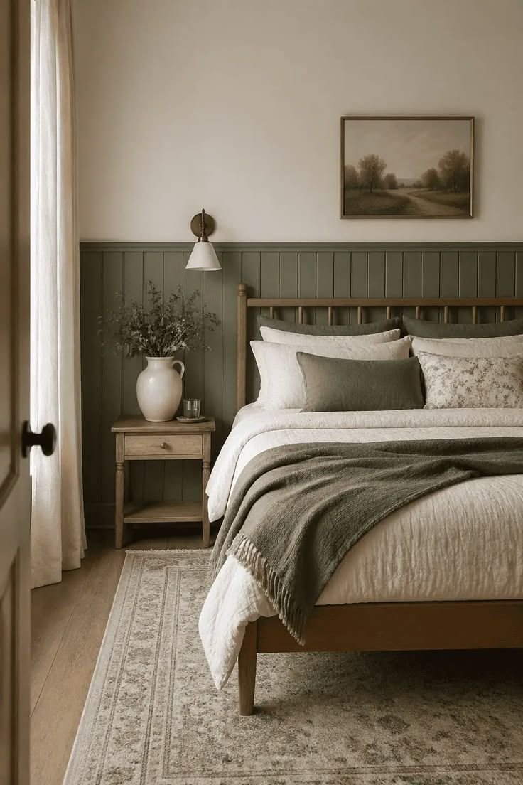 Sage green panelling on the lower half of a bedroom wall with cream above