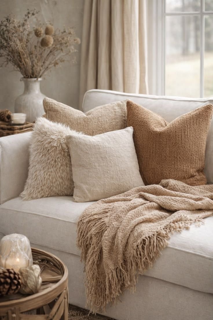 Cream linen and camel boucle cushions with a faux fur pillow layered on a white sofa beside a fringed knit throw