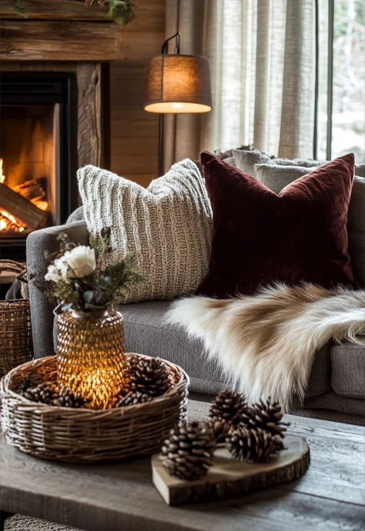 Rustic cabin living room with a wood-burning fireplace, burgundy velvet and cream knit cushions, and a faux fur throw