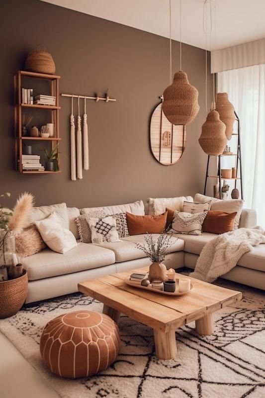 Warm boho living room corner with a woven pendant light, rattan mirror and a wool pouf beside a low coffee table