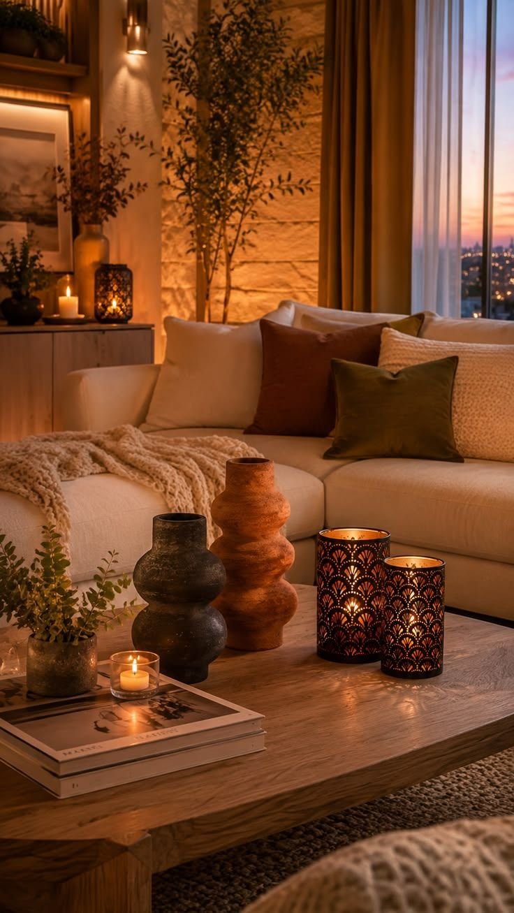 Evening living room glowing with candlelight and warm lamps, layered cushions and a city skyline through the window