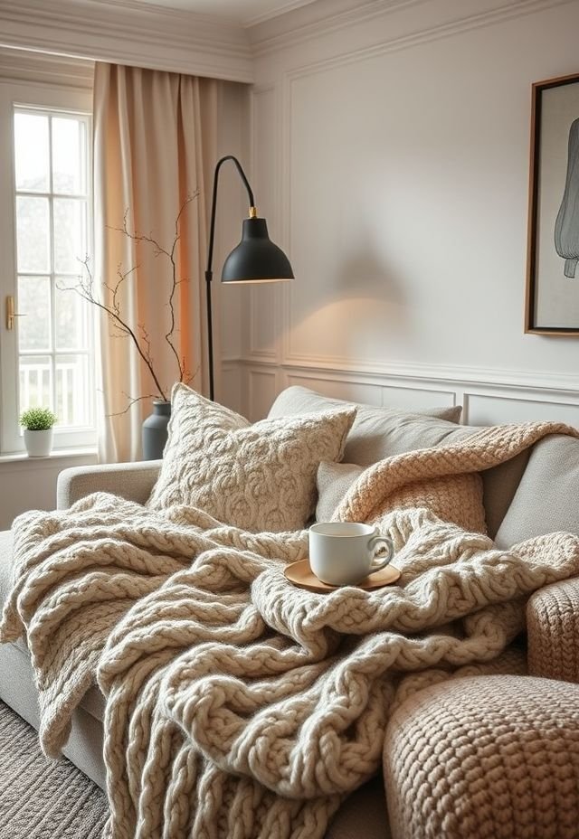 Chunky knit throw and cushions on a sofa beside a floor lamp and a vase of bare winter branches