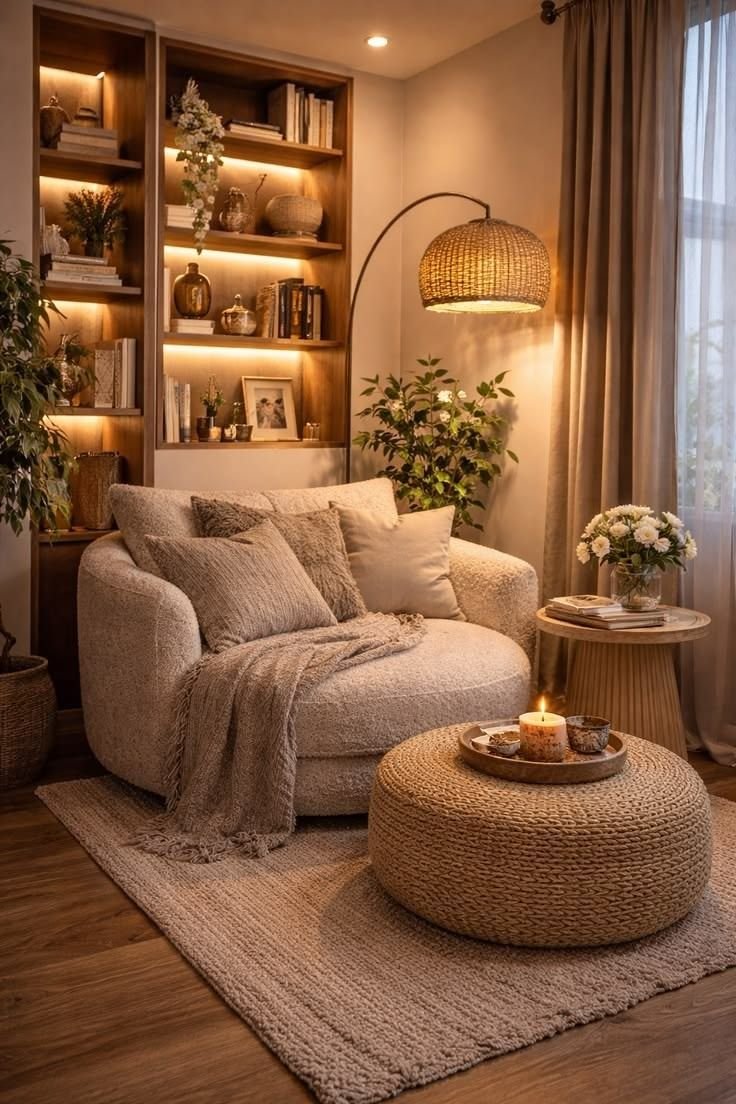 Oversized bouclé armchair with layered cushions and a throw beside a lit candle on a woven pouf