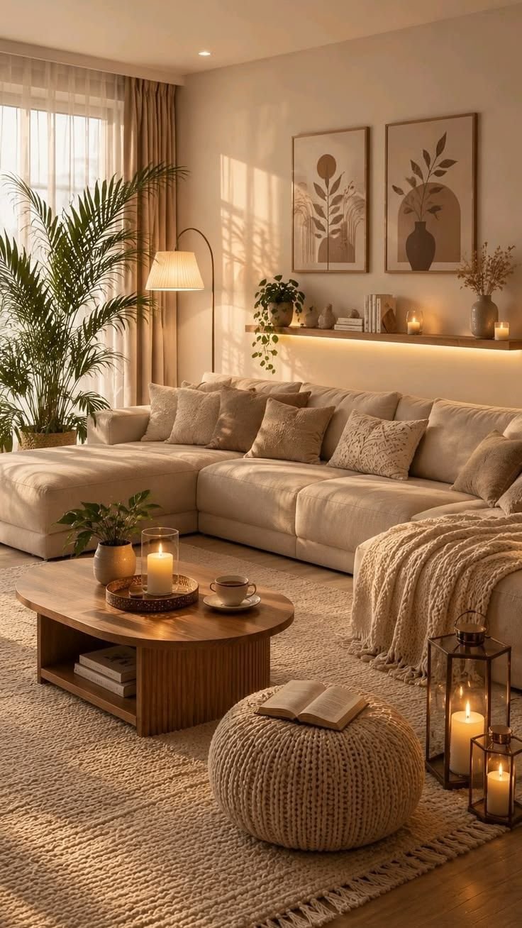Living room with a warm wood coffee table and floor lamp, palm plant and layered neutral cushions in evening light