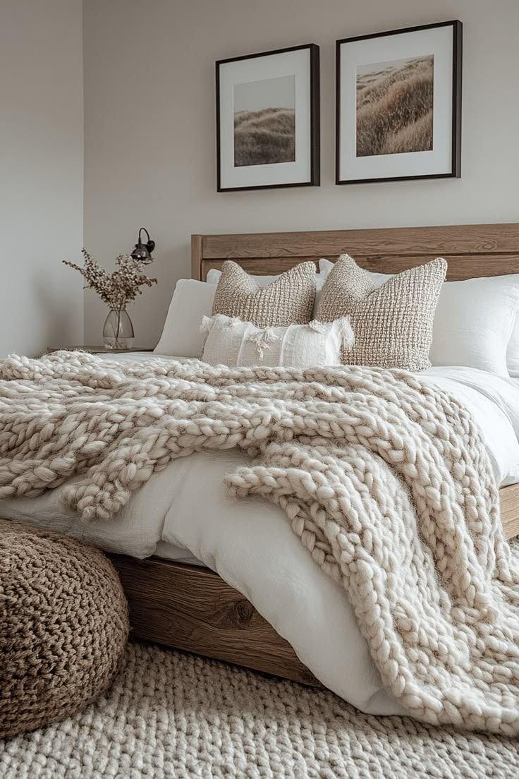 Bed layered with white linen, a heavy cream cable-knit throw and woven cushions beneath framed landscape prints