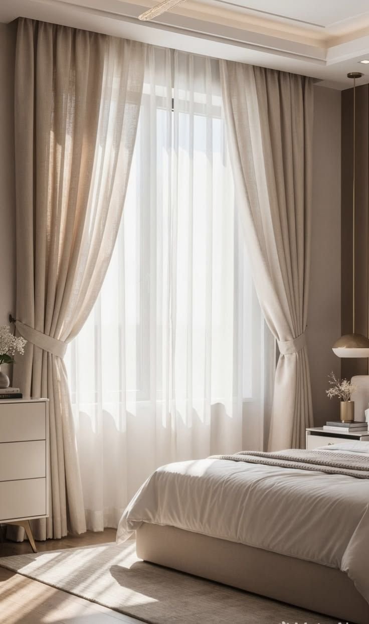 Heavy linen curtains framing a sunlit bedroom window beside a neatly made bed and a brass pendant light