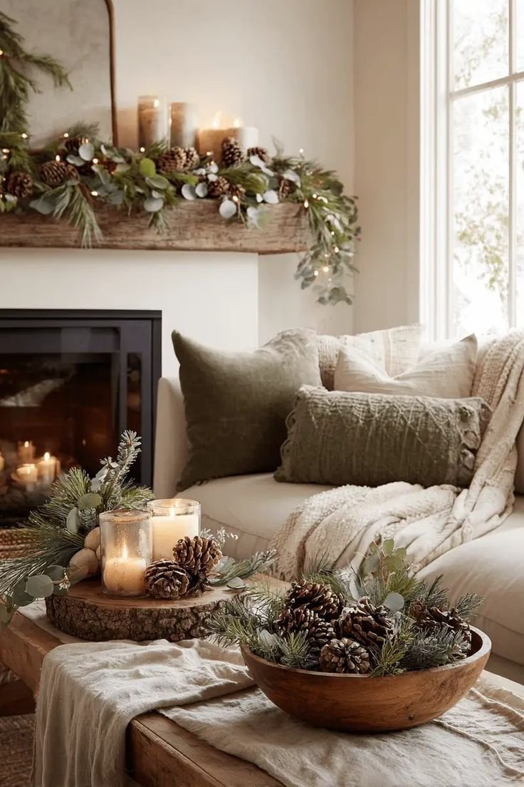 Mantel dressed with an evergreen garland, pillar candles and pinecones above a sofa with olive green cushions