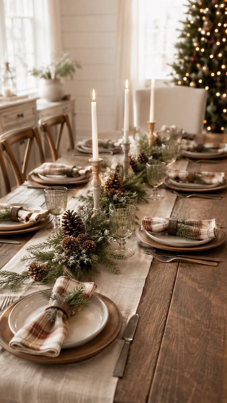 Rustic wood dining table set with taper candles, pinecone greenery, plaid napkins and a lit tree in the background