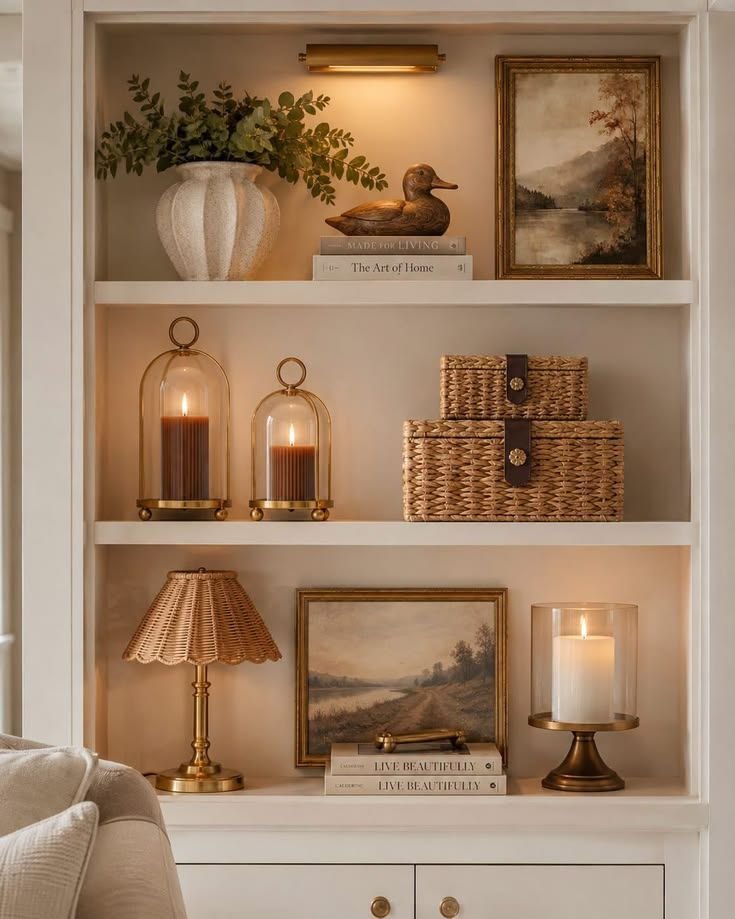 Styled built-in shelves with framed landscape art, glass hurricane candles, woven baskets and a rattan lamp