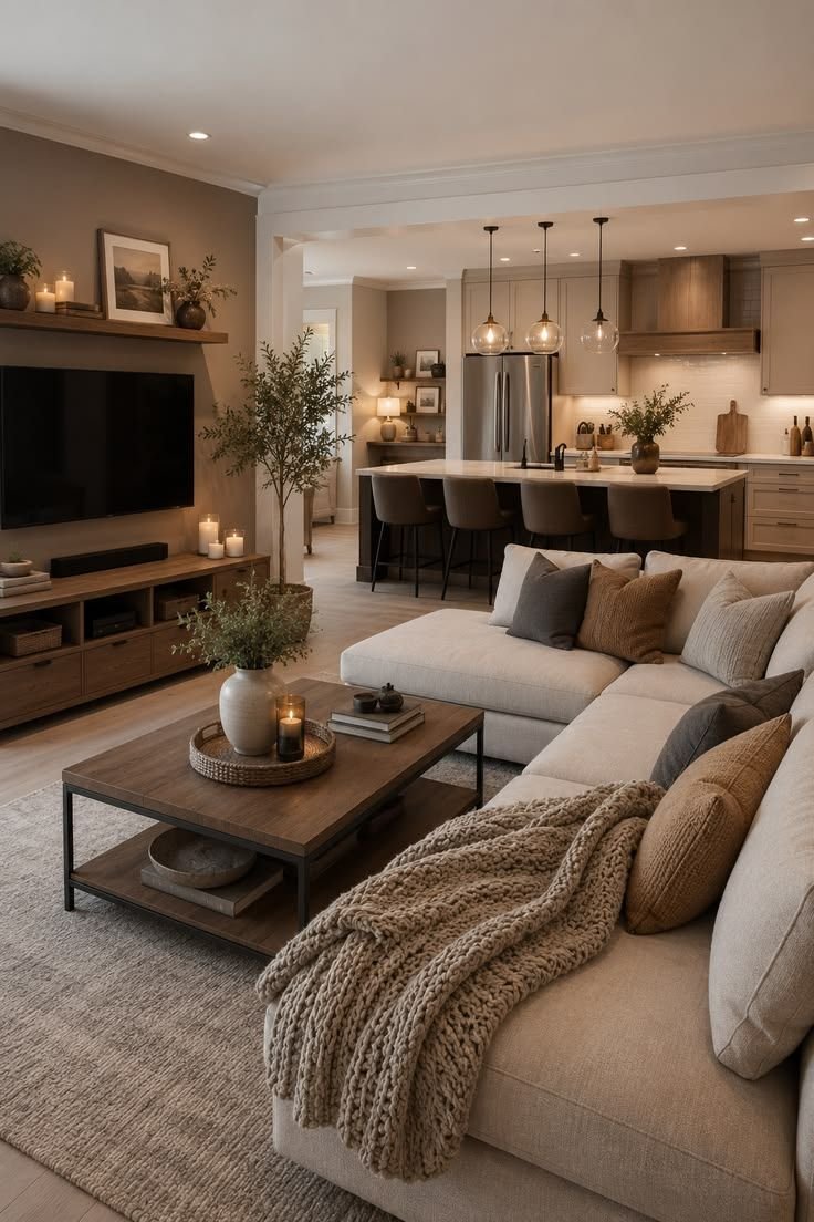 Open neutral living room and kitchen with a knit throw, warm pendant lights and candles for a cozy palette