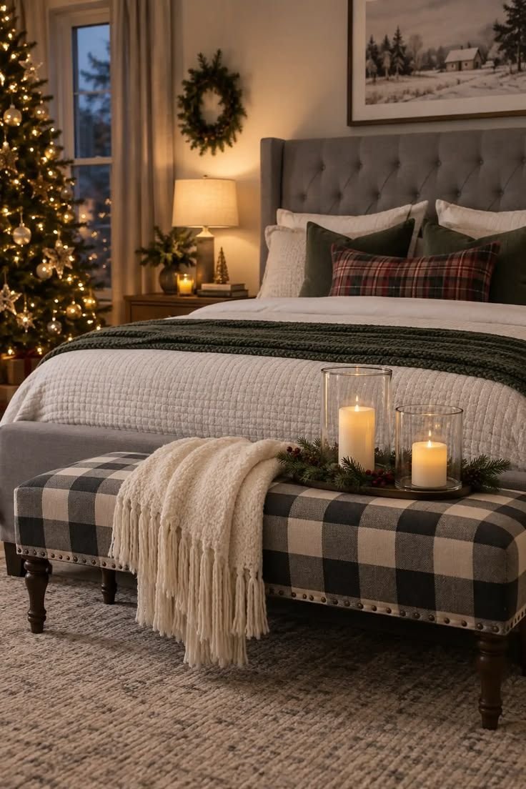 Fully layered Christmas bedroom with tree, garland, bench styling, and warm lighting