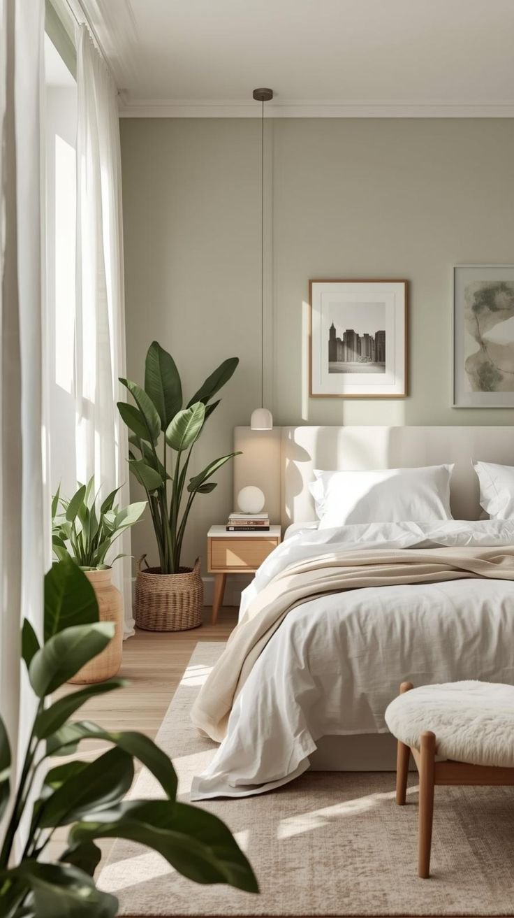 Light green bedroom walls with daylight across the bed and leafy plants by the window