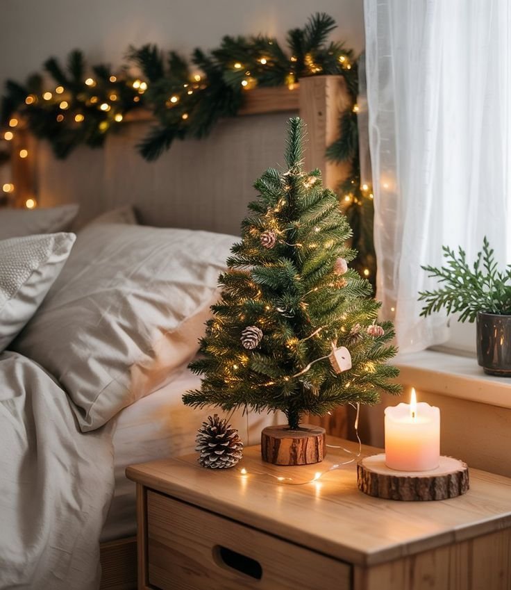 Small tabletop Christmas tree styled with candlelight in a bedroom corner