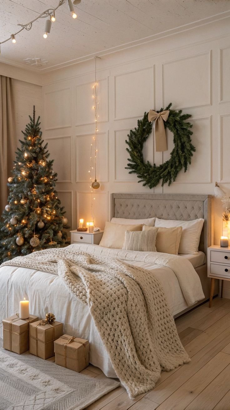 Neutral cream and green Christmas bedroom with soft, understated styling