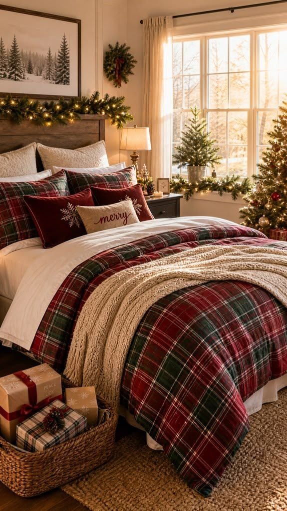 Tartan plaid throw layered at the foot of a cozy holiday bed
