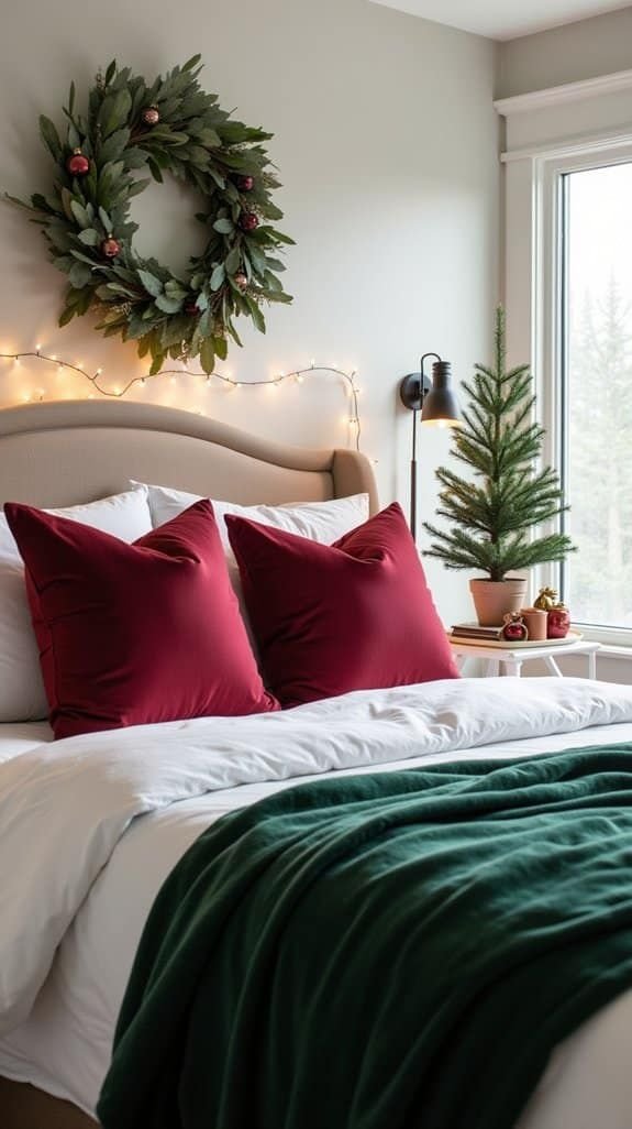 Bed dressed in red and green Christmas bedding with layered pillows