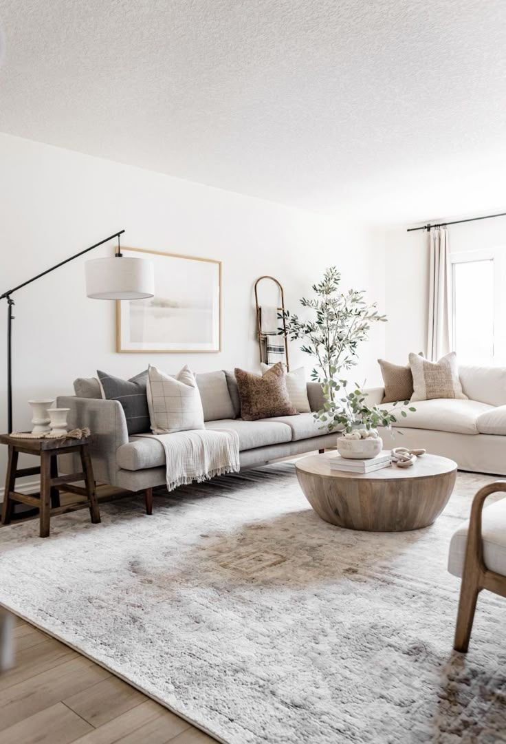 Bright neutral living room with a gray linen sofa, warm taupe pillows, a round wood coffee table and a faded vintage-style rug