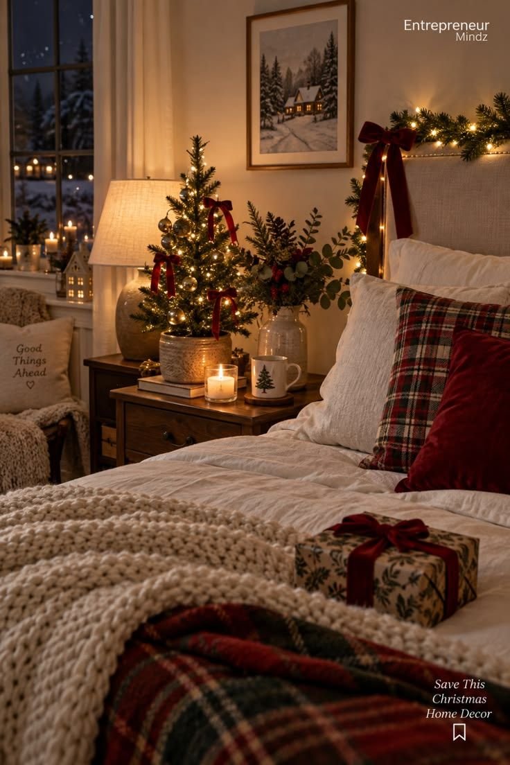 Rustic farmhouse Christmas bedroom with plaid textiles and natural wood accents