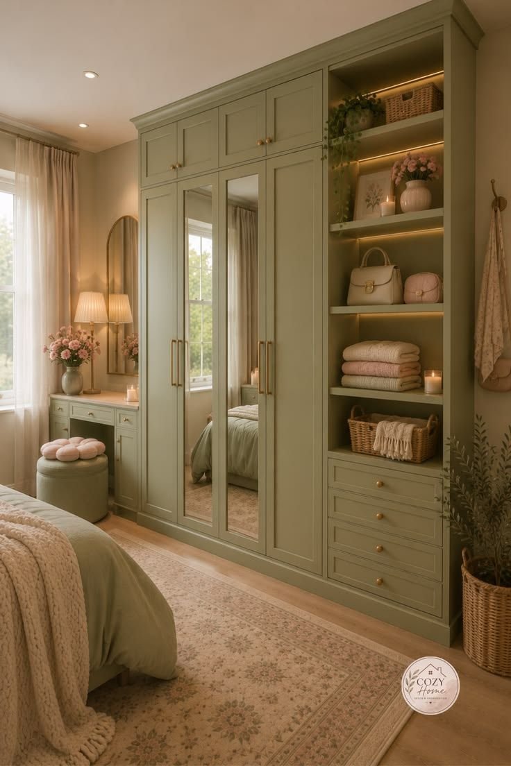 Sage green fitted wardrobe with mirrored doors, brass handles and lit open shelving