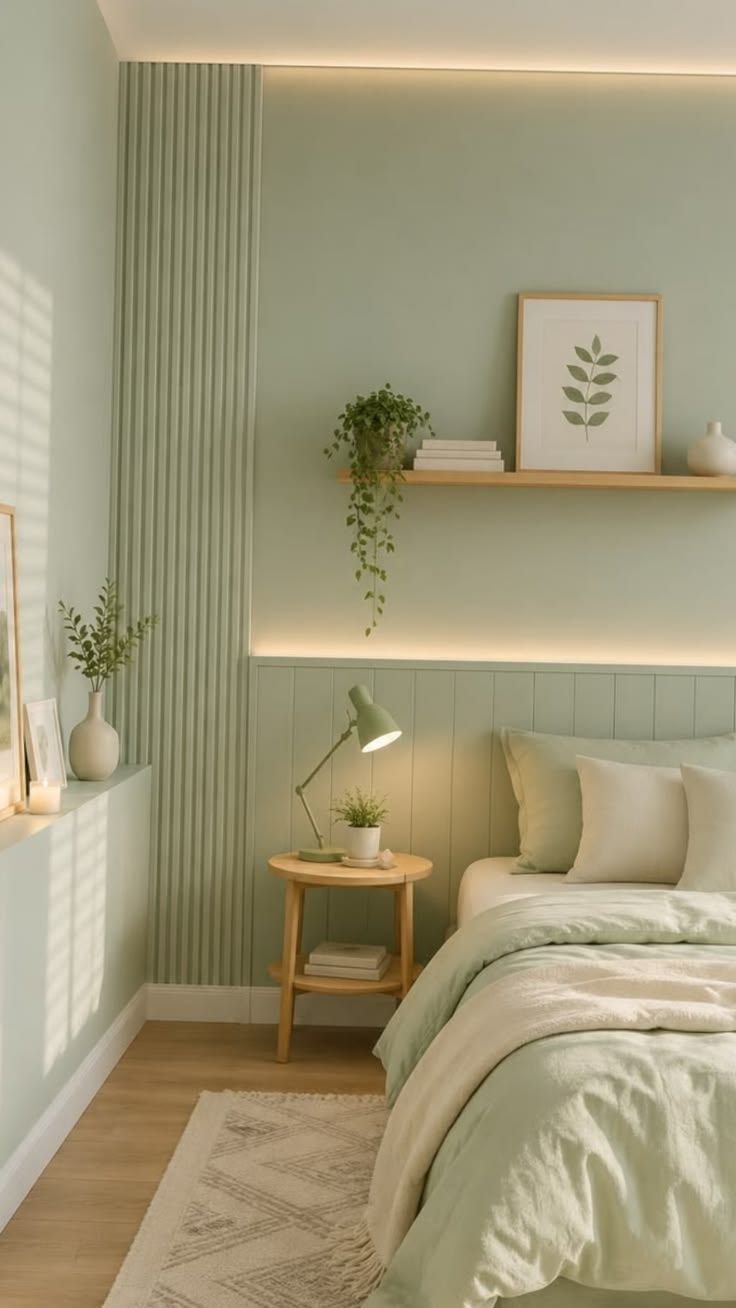 Small green bedroom with panelled walls, a shelf above the bed and a lit desk lamp