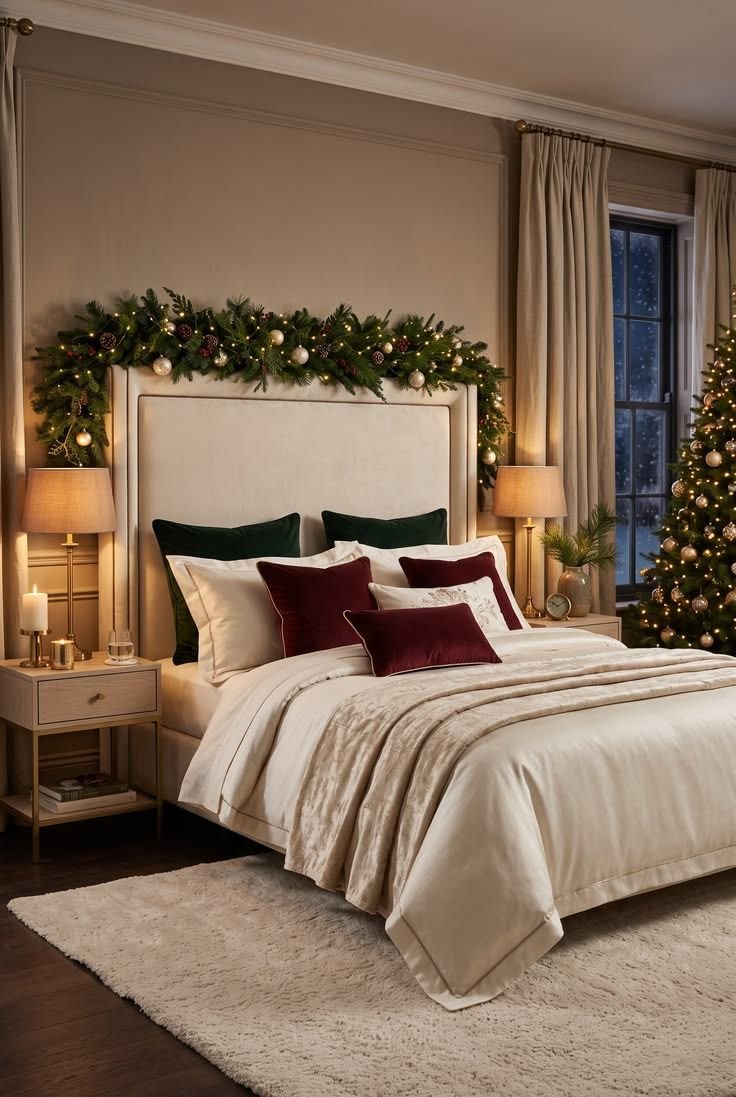 Velvet pillows and brass accents styled on a luxury Christmas bed