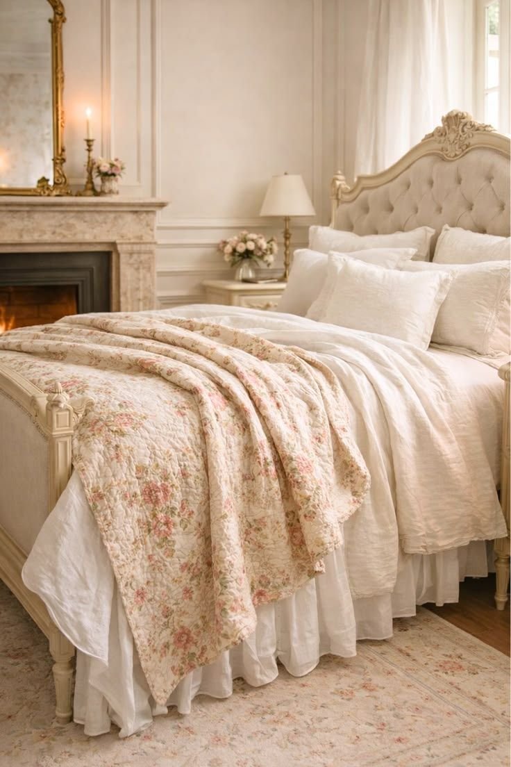 Cottage bed layered with white linen bedding, a vintage floral quilt and a gathered bed skirt