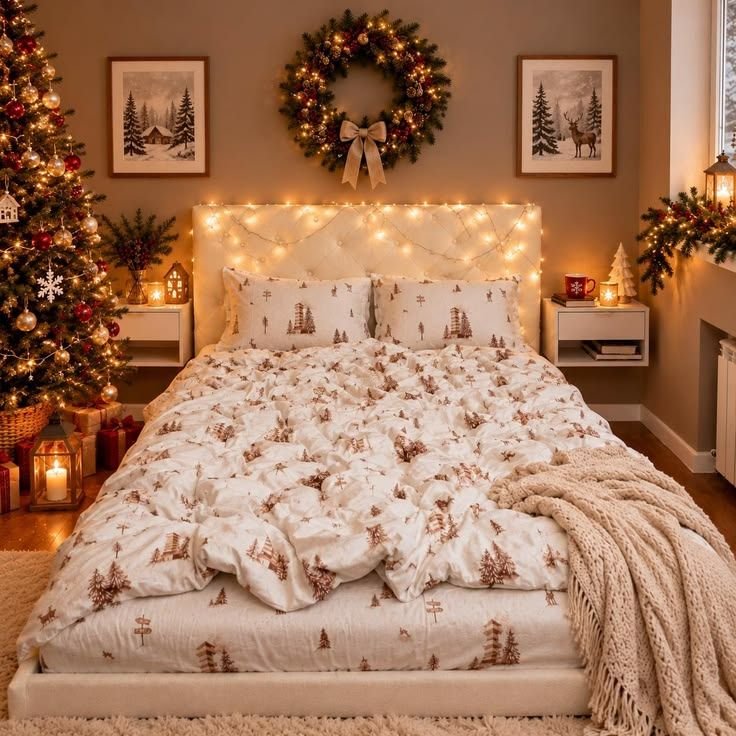 Bed set with soft flannel Christmas bedding and warm ambient lighting