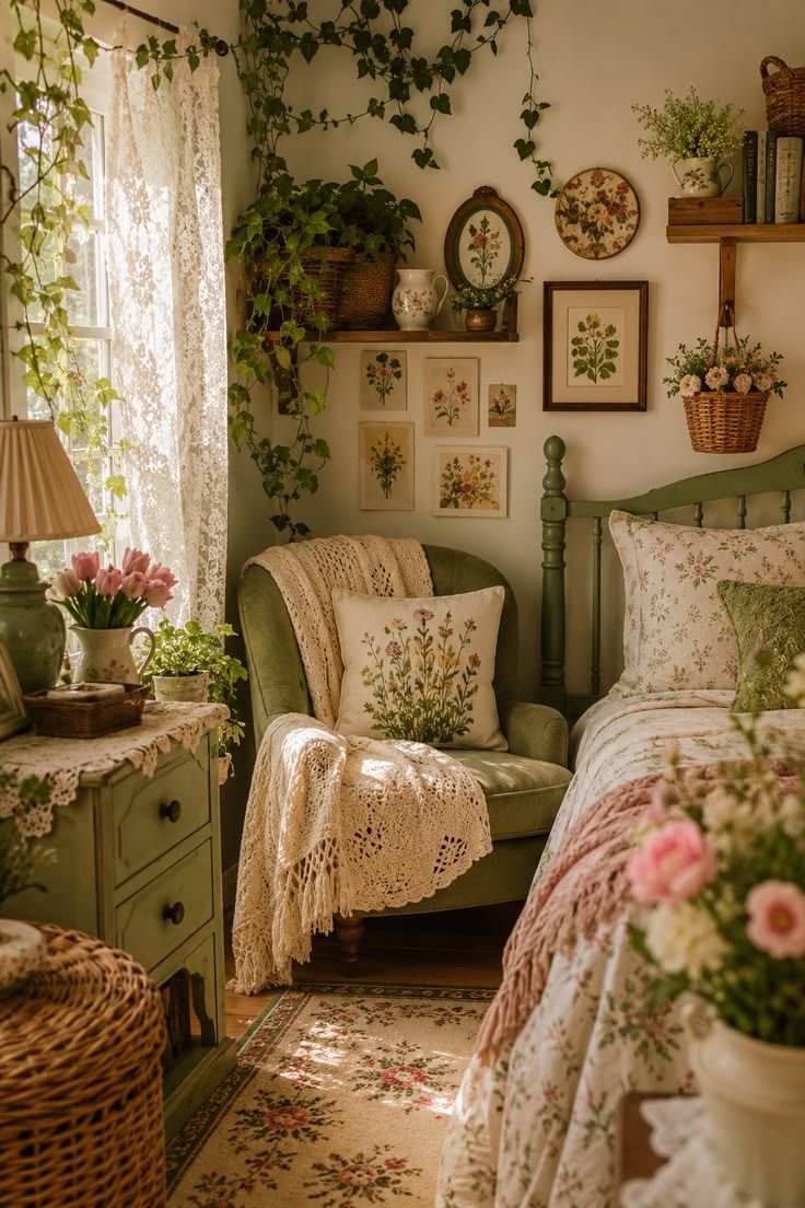 Cottage bedroom with warm cream walls, sage green furniture, lace curtains and trailing ivy