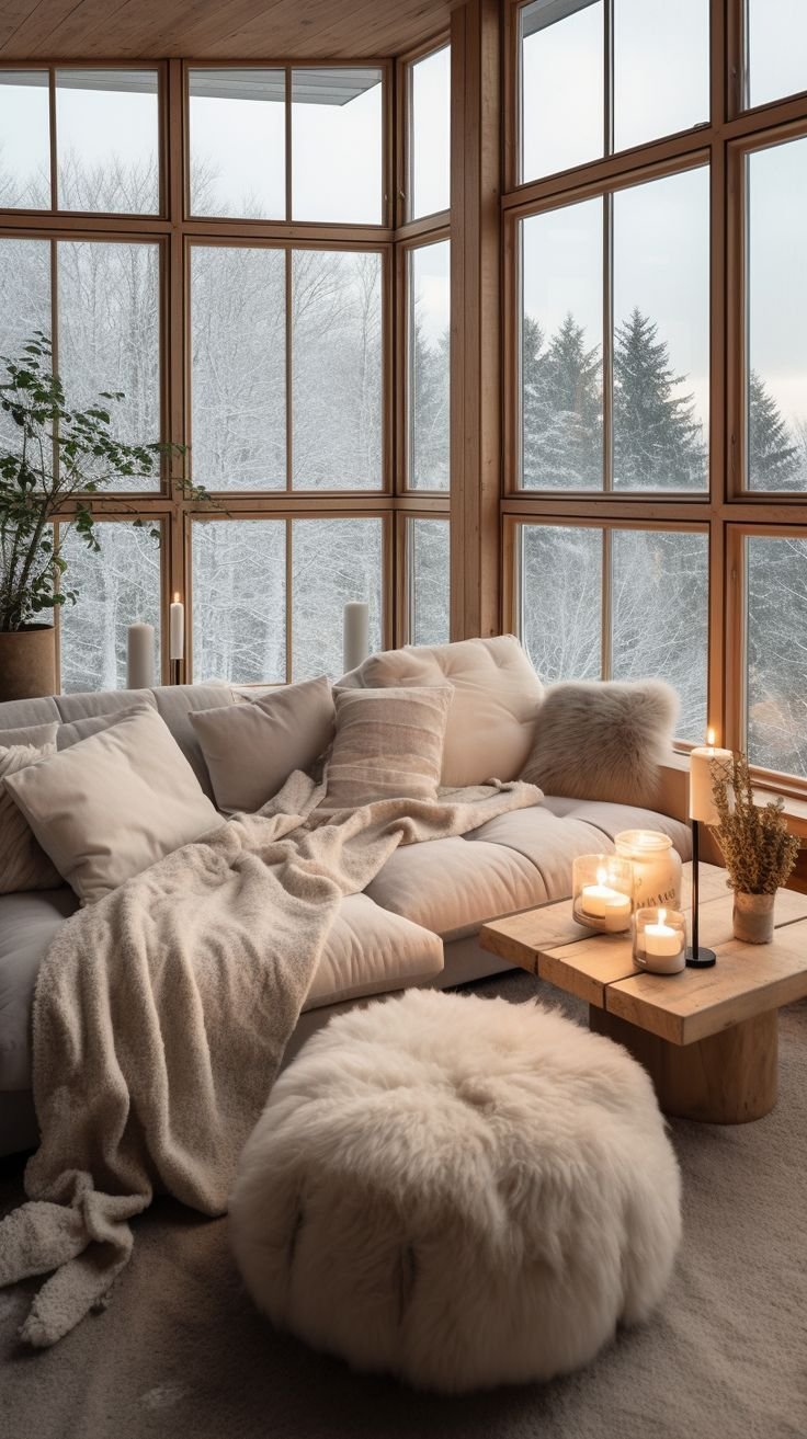 Cozy corner sofa with cream cushions, a sheepskin pouf and lit candles beside floor-to-ceiling windows overlooking a snow-covered forest