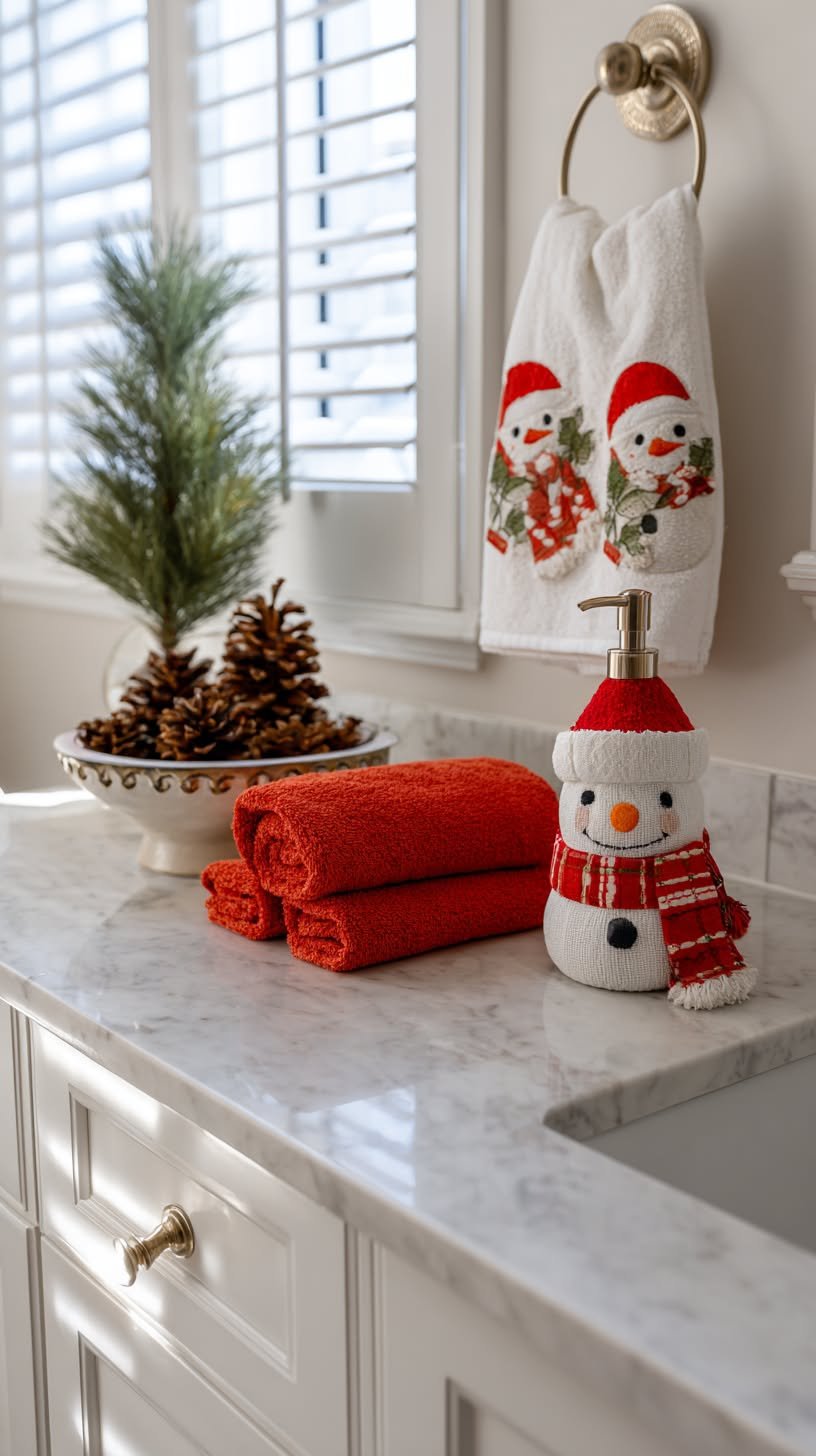 Snowman soap dispenser and embroidered snowman towels on a white marble bathroom counter