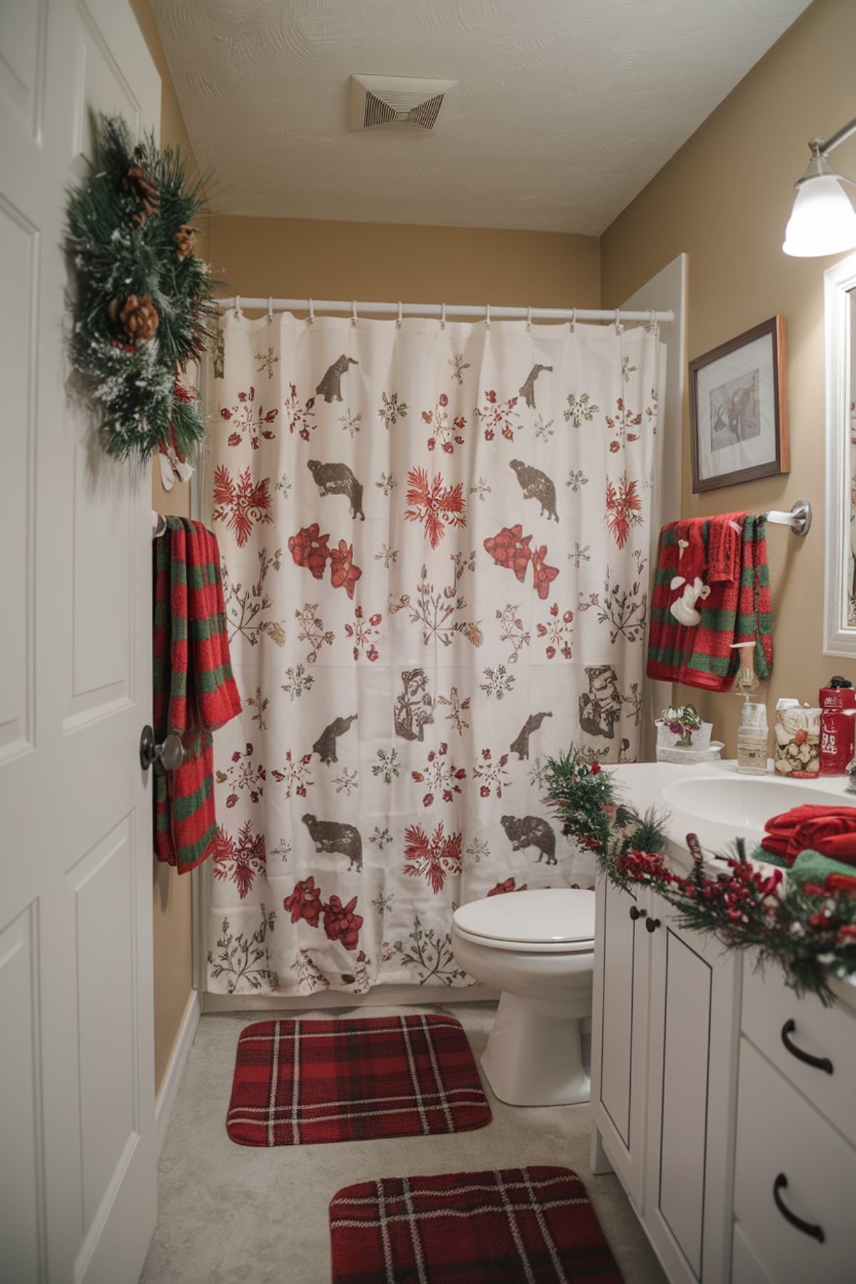 Woodland print shower curtain with red and green embroidered towels