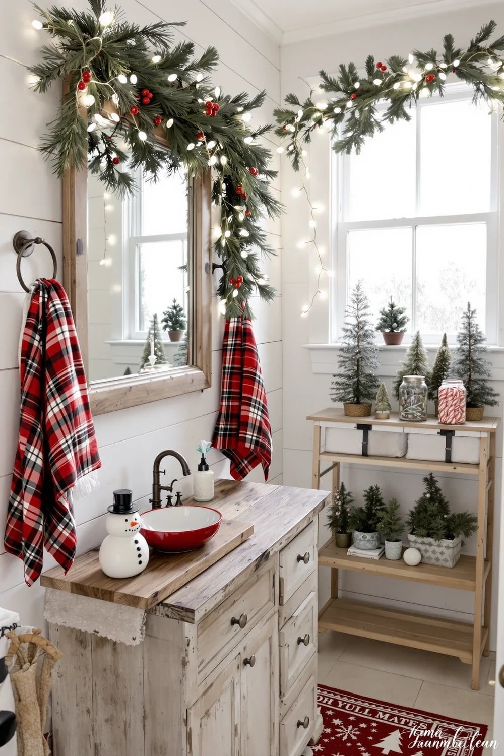 Rustic wood bathroom vanity with plaid towels and a small snowman figurine