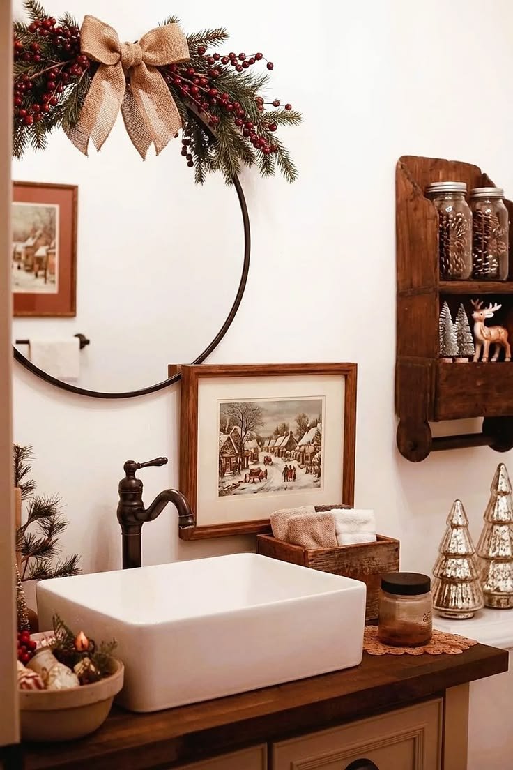 Burlap bow Christmas garland draped over a round bathroom mirror