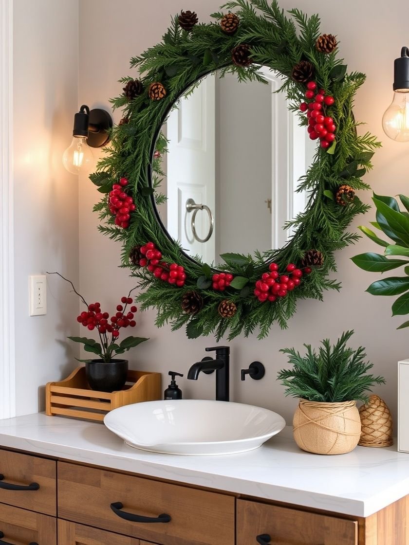 Pinecone and red berry Christmas wreath hanging on a bathroom mirror
