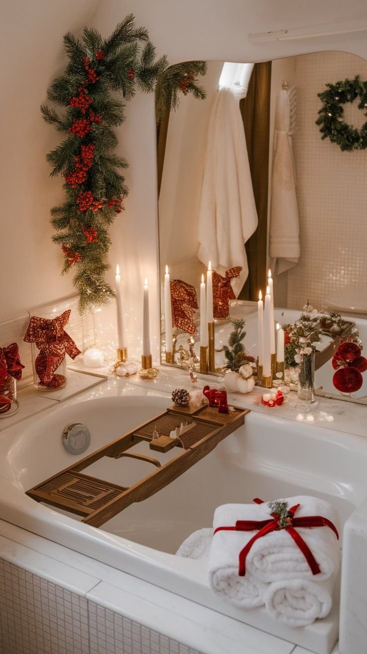 Candlelit garden bathtub decorated with Christmas garland and rolled towels
