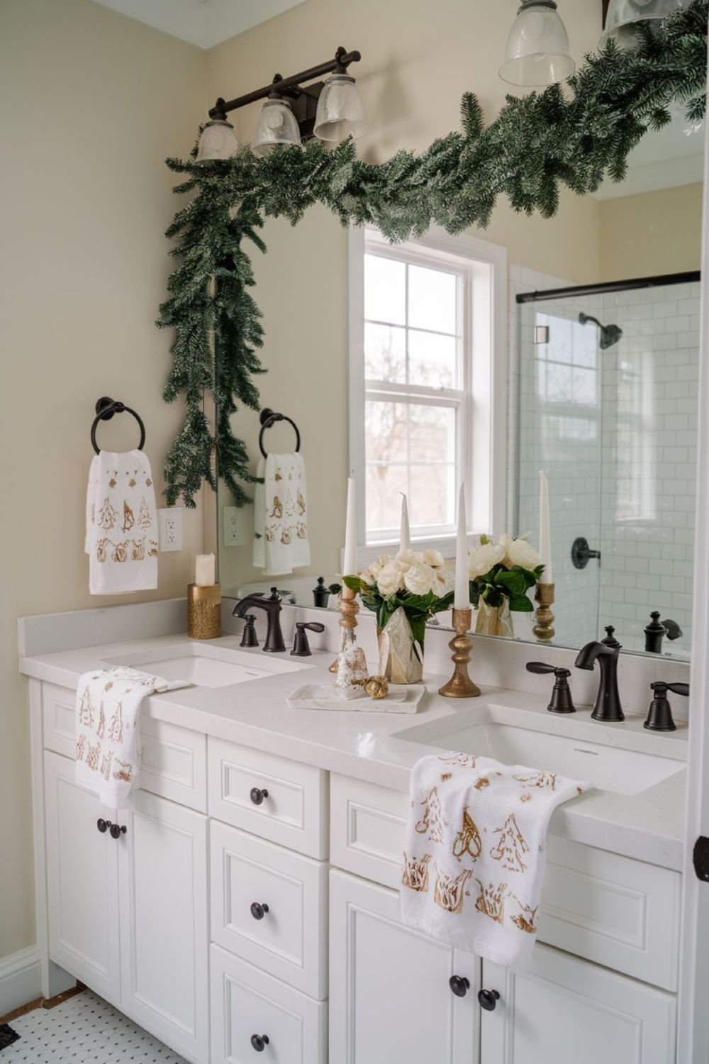 Double bathroom vanity with gold ornament embroidered towels and poinsettias