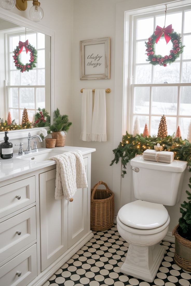 Christmas bathroom with red berry wreaths hanging from the mirror and window
