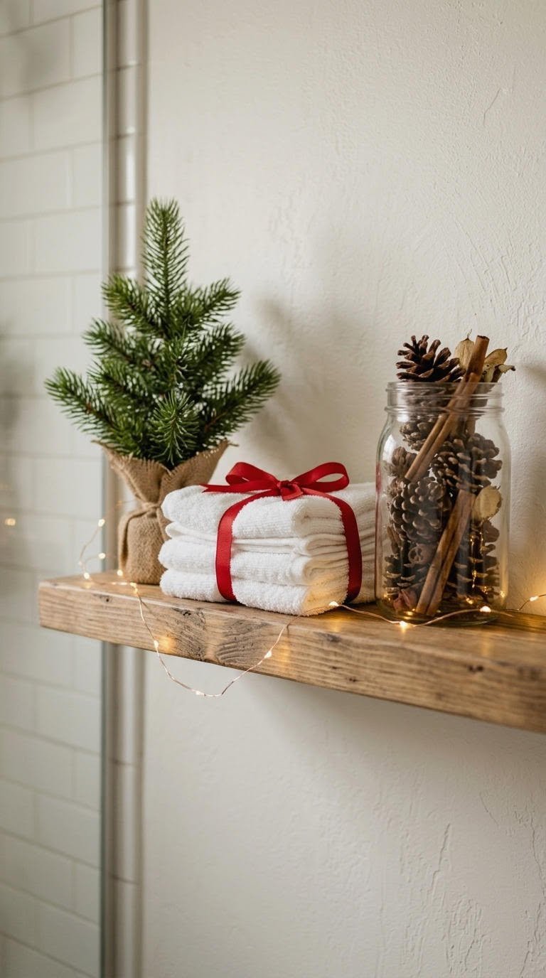 Gift-wrapped white towel stack next to a pinecone-filled glass jar