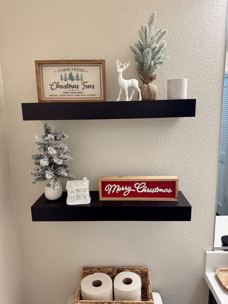 Black floating shelves with a bold Merry Christmas sign