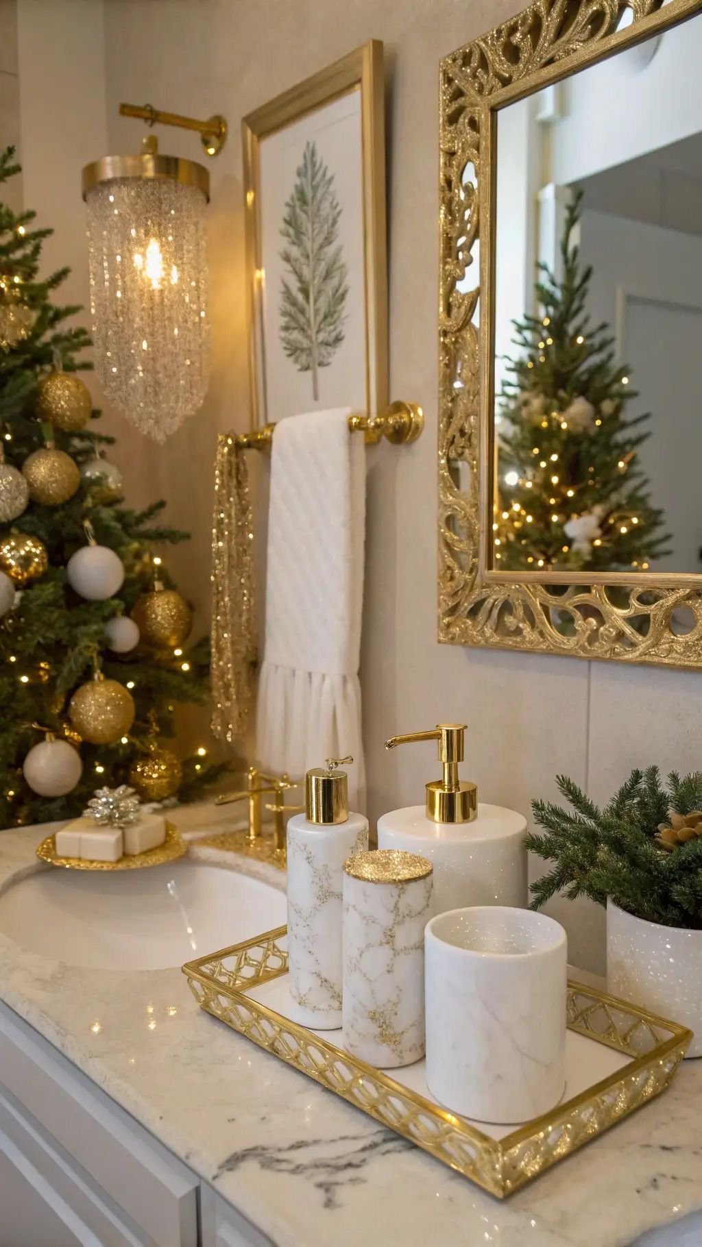 Gold and white glam bathroom vanity with a small lit Christmas tree