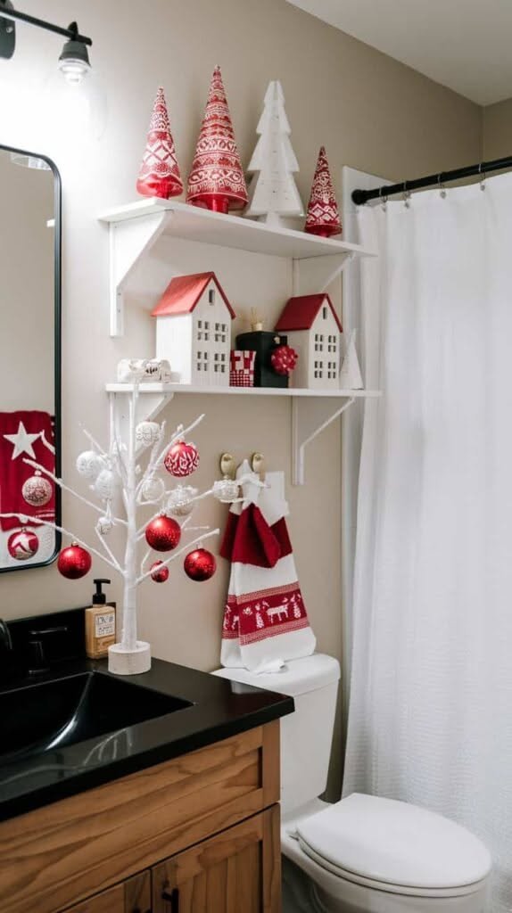 Red and white Christmas shelf decor above a toilet with cone trees and houses