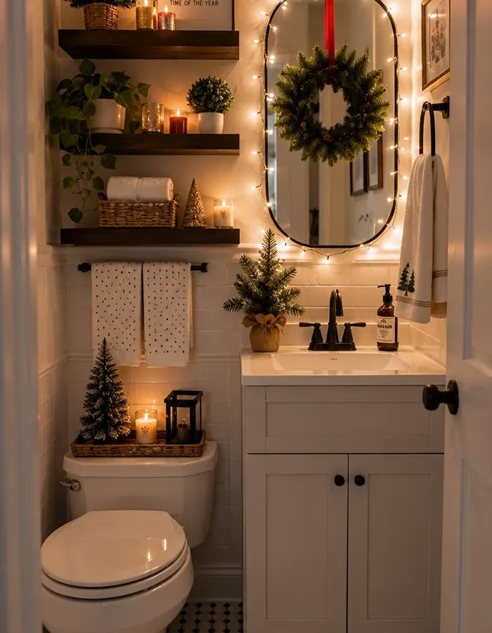 Red Christmas wreath on a softly lit mirror in a cozy powder room