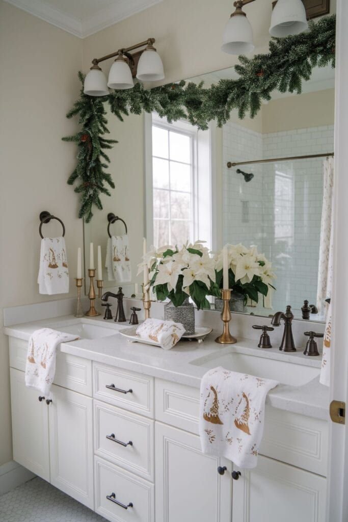 Garland-topped bathroom mirror with poinsettias and brass candlesticks