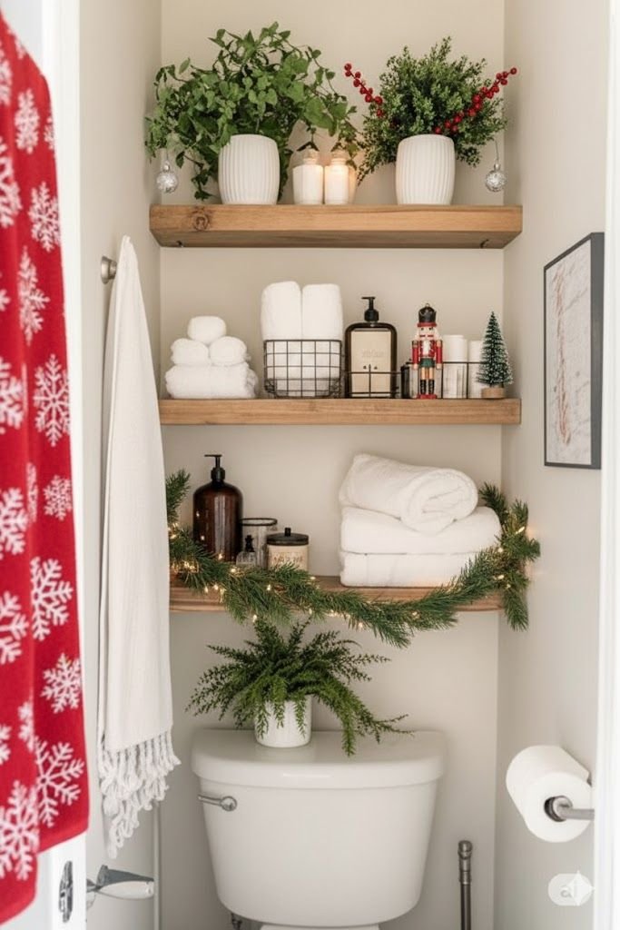Nook of bathroom shelves styled with a nutcracker figurine and light garland