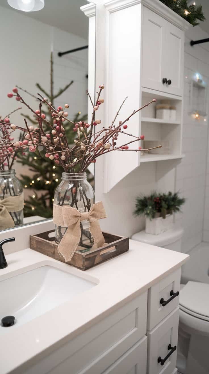 Berry branch vase tucked below a bathroom cabinet