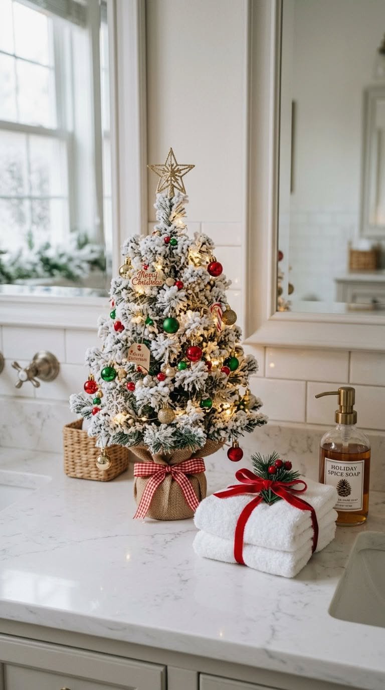 Flocked tabletop Christmas tree next to gift-wrapped white towels on a marble counter